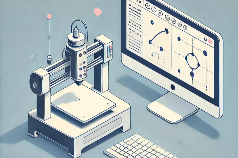 CNC machine connected to a computer running design software, illustrating the workflow from creation to production.