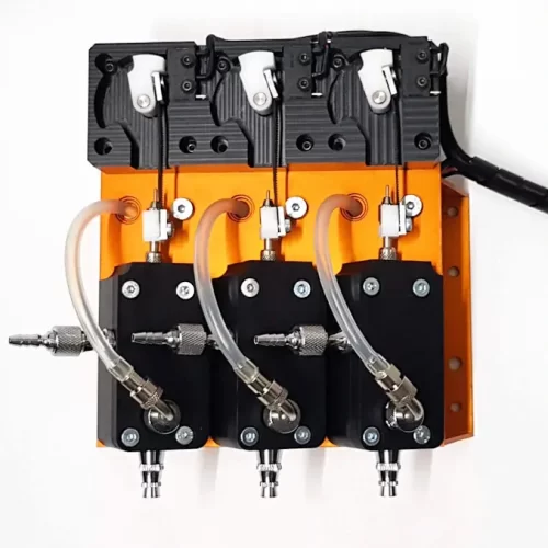 Tricolor airbrush head for CNC machines, designed for precise multi-color material application.